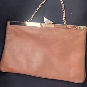 Elegant Tan Leather Clutch with Gold Chain